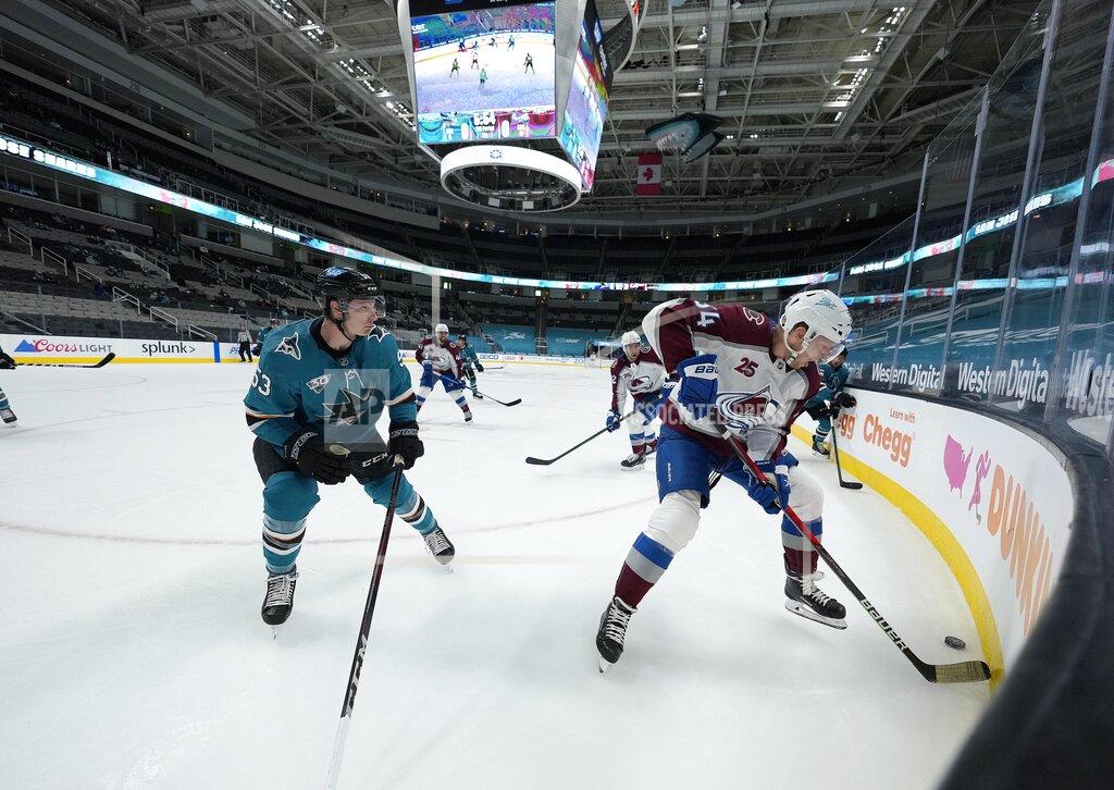 Tony Avelar Colorado Avalanche center Carl Soderberg (34) moves the puck past San Jose Sharks defenseman Nicolas Meloche (53) during the second period of an NHL hockey game in San Jose, Calif., on Wednesday, May 5, 2021. (AP Photo/Tony Avelar)