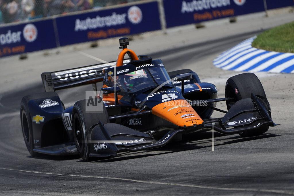 Paul Sancya Pato O'Ward competes in the second race of the IndyCar Detroit Grand Prix auto racing doubleheader on Belle Isle in Detroit, Sunday, June 13, 2021. O'Ward won the race. (AP Photo/Paul Sancya)