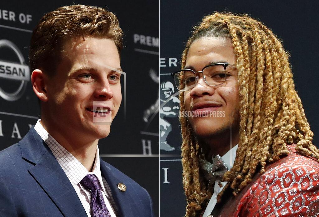 Jason Szenes FILE - In these Dec. 14, 2019, file photos, Joe Burrow, left, and Chase Young attend the Heisman Award ceremonies in New York. Joe Burrow and the Cincinnati Bengals visit Chase Young and Washington in a matchup of the top two picks in this year’s NFL draft. (AP Photo/Jason Szenes, File)