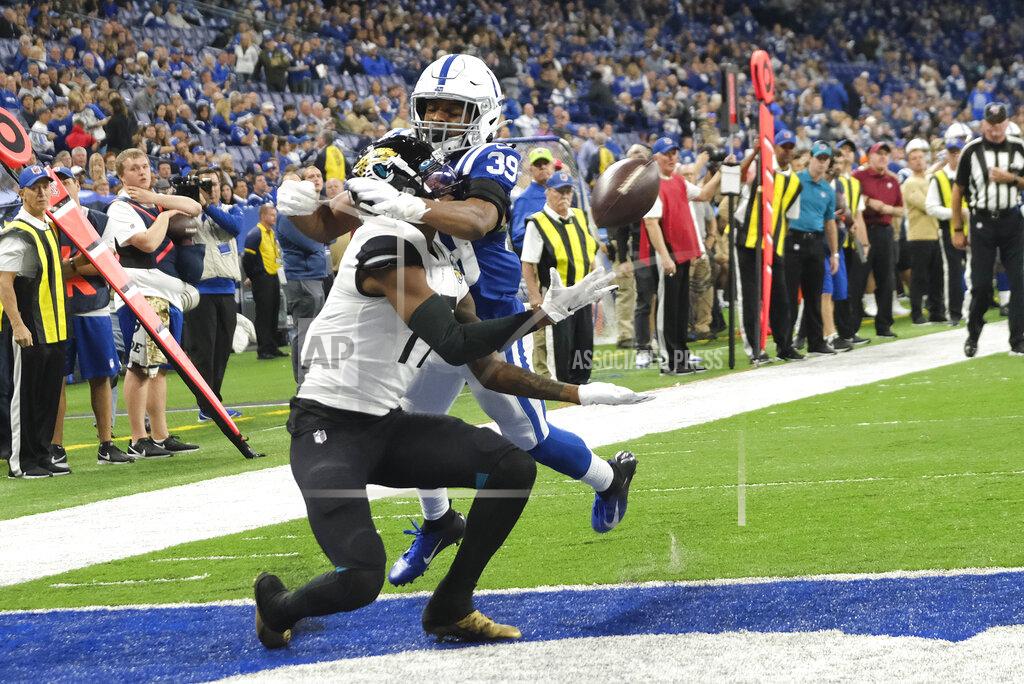 Aj Mast Jacksonville Jaguars' DJ Chark Jr. (17) makes a touchdown reception against Indianapolis Colts' Marvell Tell (39) during the second half of an NFL football game, Sunday, Nov. 17, 2019, in Indianapolis. Indianapolis won 33-13. (AP Photo/AJ Mast)