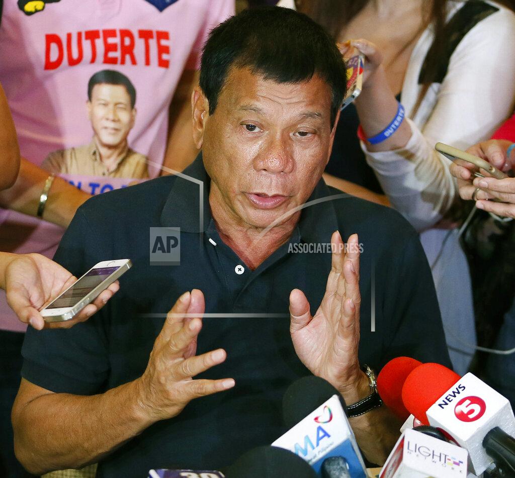 Bullit Marquez FILE - In this April 29, 2016 file photo, presidential candidate Rodrigo Duterte answers questions from the media in Manila, Philippines. International Criminal Court judges on Wednesday Sept. 15, 2021, authorized an investigation into the Philippines' deadly "war on drugs" campaign, saying the crackdown "cannot be seen as a legitimate law enforcement operation." (AP Photo/Bullit Marquez, File)