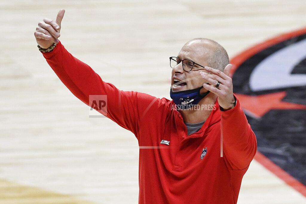 Jessica Hill Connecticut coach Dan Hurley calls out to the team during the first half of an NCAA college basketball game against Southern California, Thursday, Dec. 3, 2020, in Uncasville, Conn. (AP Photo/Jessica Hill)