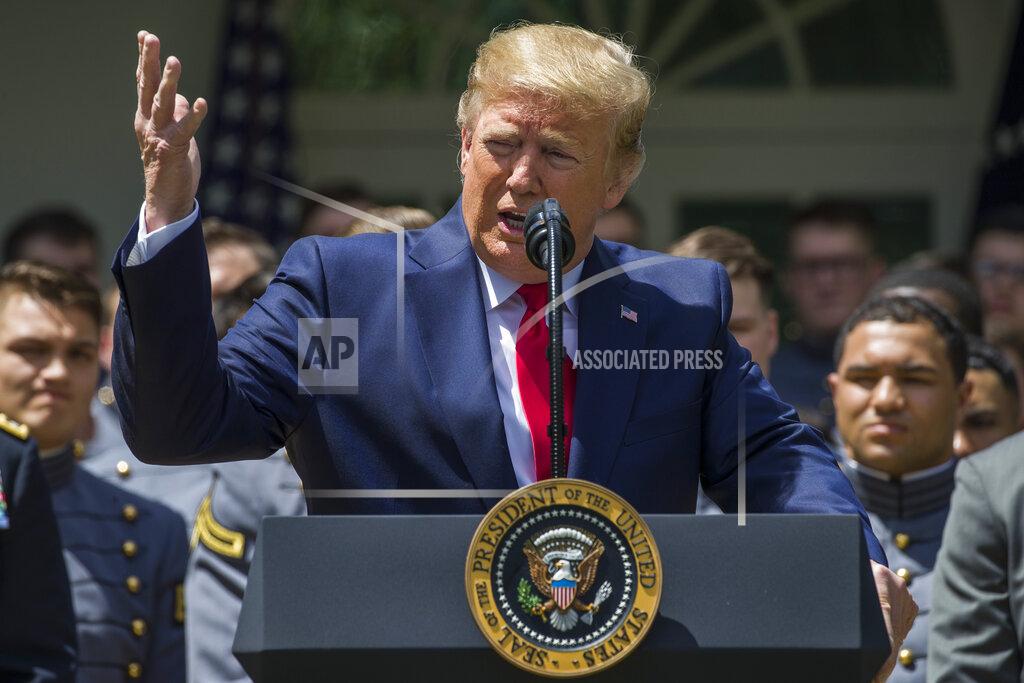 Alex Brandon President Donald Trump speaks during the presentation of the Commander-in-Chief's Trophy to the U.S. Military Academy at West Point football team in the Rose Garden of the White House, Monday, May 6, 2019, in Washington. (AP Photo/Alex Brandon)