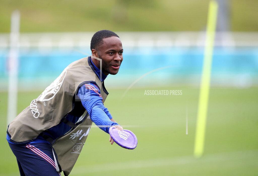 Nick Potts England's Raheem Sterling during a training session at St George's Park, Burton upon Trent, England, Thursday June 17, 2021. (Nick Potts/PA via AP)