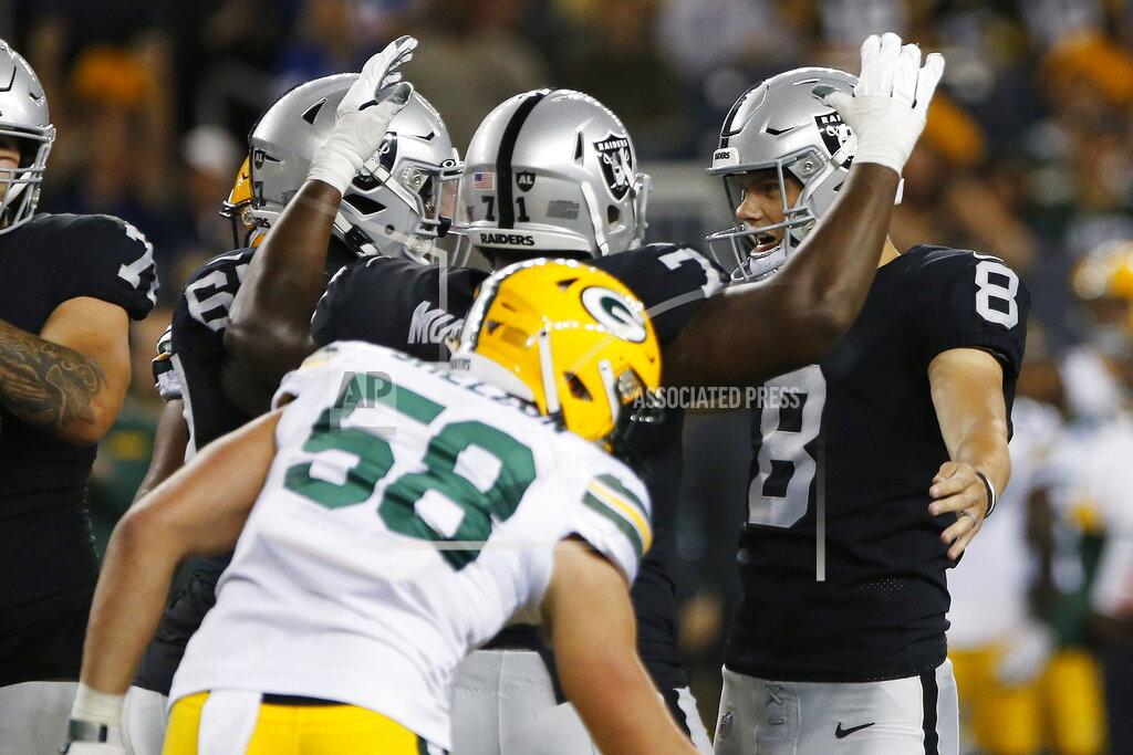 John Woods Oakland Raiders' Daniel Carlson (8) celebrates his go-ahead field goal against the Green Bay Packers in the final minute of an NFL preseason football game Thursday, Aug. 22, 2019, in Winnipeg, Manitoba. (John Woods/The Canadian Press via AP)