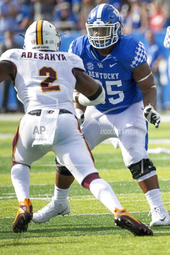 Bryan Woolston FILE - In this Sept. 1, 2018, photo, Kentucky guard Bunchy Stallings (65) blocks Central Michigan defensive lineman Sean Adesanya (2) at the line of scrimmage during the first half of a game in Lexington, Ky. Stallings was named to the 2018 AP All-America NCAA college football team, Monday, Dec. 10, 2018. (AP Photo/Bryan Woolston)