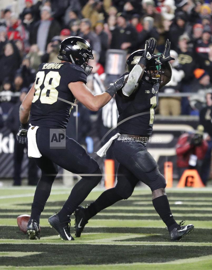 Michael Conroy Purdue running back D.J. Knox (1) celebrates his touchdown against Ohio State with Purdue tight end Cole Herdman (88) during the second half of an NCAA college football game in West Lafayette, Ind., Saturday, Oct. 20, 2018. Purdue defeated Ohio State 49-20. (AP Photo/Michael Conroy)