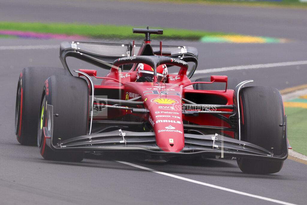 Asanka Brendon Ratnayake Ferrari driver Charles Leclerc of Monaco steers his car during the second practice session for the Australian Formula One Grand Prix in Melbourne, Australia, Friday, April 8, 2022. (AP Photo/Asanka Brendon Ratnayake)