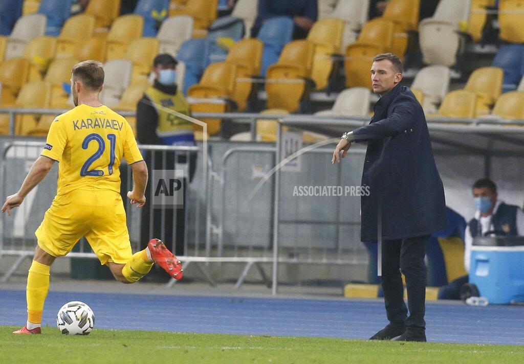 Ukraine's head coach Andriy Shevchenko, during the UEFA Nations League soccer match between Ukraine and Spain at the Olimpiyskiy Stadium in Kyiv, Ukraine, Tuesday, Oct.13, 2020. Ukraine won the match 1-0.(AP Photo/Efrem Lukatsky)