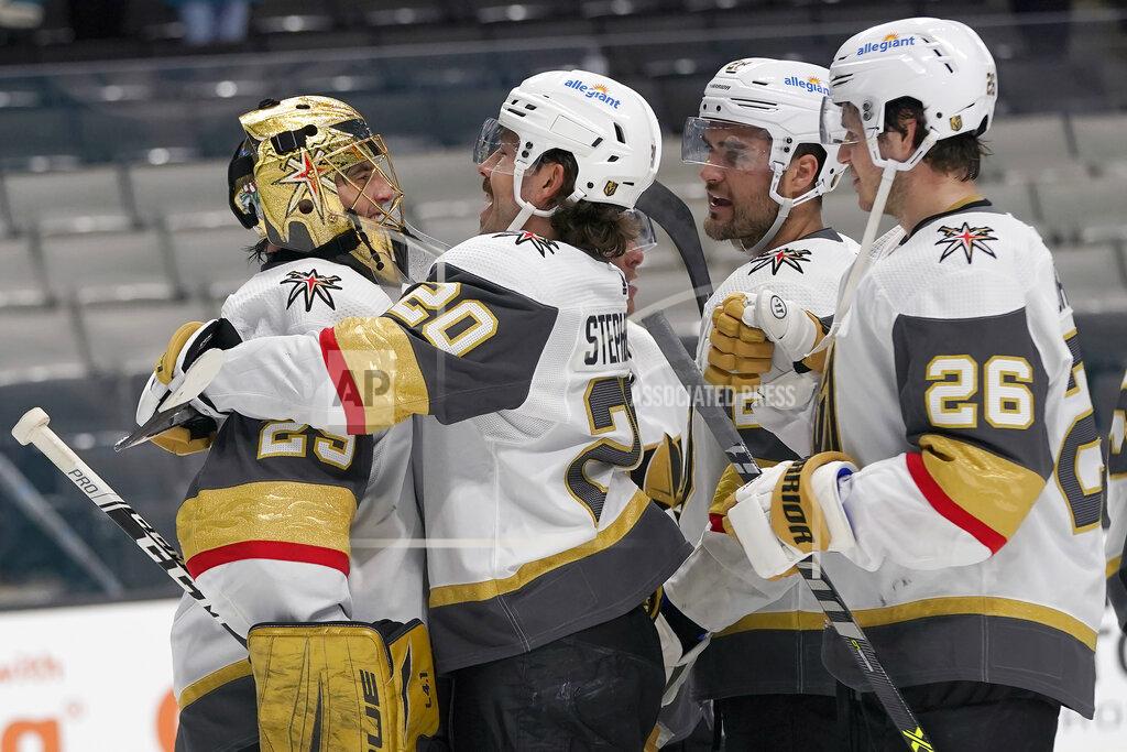 Jeff Chiu Vegas Golden Knights goaltender Marc-Andre Fleury, left, celebrates with Chandler Stephenson, William Carrier and Mattias Janmarkright, after the Golden Knights defeated the San Jose Sharks in an NHL hockey game in San Jose, Calif., Wednesday, May 12, 2021. (AP Photo/Jeff Chiu)