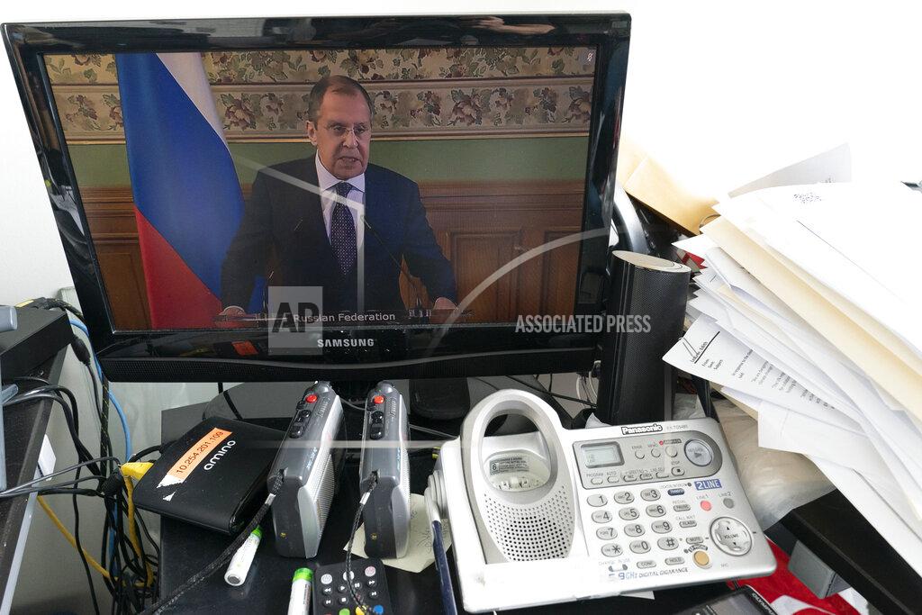 Mary Altaffer Russian Foreign Minister Sergey Lavrov is seen on a computer monitor at United Nations headquarters as he speaks during a virtual high-level meeting of the Security Council meeting on safeguarding international peace and security and global governance in the post-COVID-19 era, happening during the 75th session of the United Nations General Assembly, Thursday, Sept. 24, 2020. (AP Photo/Mary Altaffer)