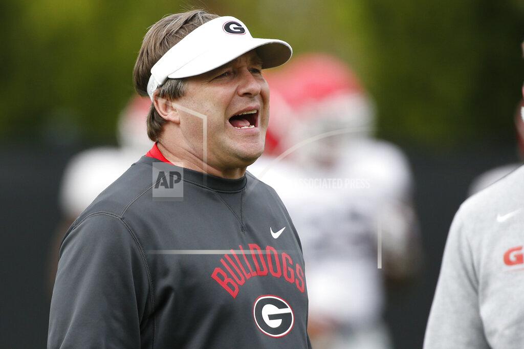 Joshua L. Jones Georgia coach Kirby Smart at an NCAA football spring practice in Athens, Ga., Tuesday, March 26, 2019. (Joshua L. Jones/Athens Banner-Herald via AP)