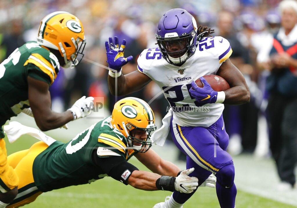 Matt Ludtke Minnesota Vikings' Alexander Mattison runs during the second half of an NFL football game against the Green Bay Packers Sunday, Sept. 15, 2019, in Green Bay, Wis. (AP Photo/Matt Ludtke)