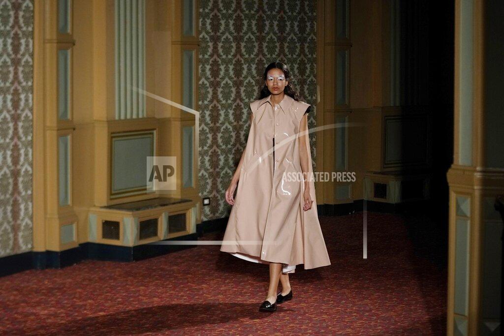Luca Bruno A model wears a creation of Francesca Liberatore Spring Summer 2022 collection, unveiled during the Milan Fashion Week, in Milan, Italy, Sunday, Sept. 26, 2021. (AP Photo/Luca Bruno)