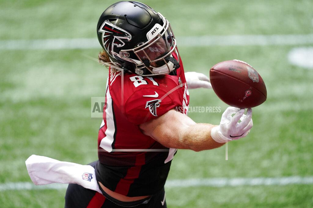 John Bazemore Atlanta Falcons tight end Hayden Hurst (81) misses the catch in the end zone against the Detroit Lions during the first half of an NFL football game, Sunday, Oct. 25, 2020, in Atlanta. (AP Photo/John Bazemore)