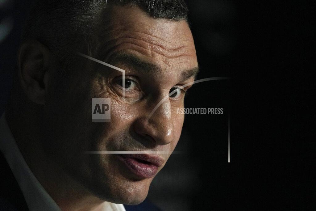 Markus Schreiber Kyiv Mayor Vitali Klitschko speakes at a conversation about the war in Ukraine during the World Economic Forum in Davos, Switzerland, Thursday, May 26, 2022. The annual meeting of the World Economic Forum is taking place in Davos from May 22 until May 26, 2022. (AP Photo/Markus Schreiber)
