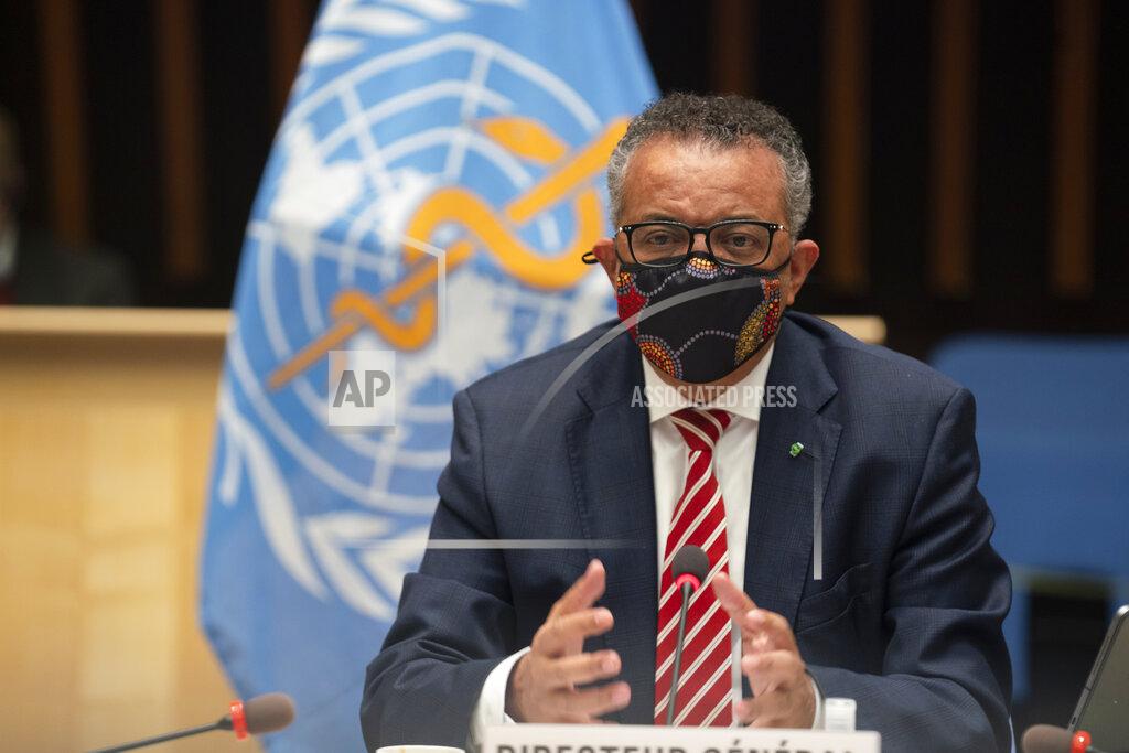 Christopher Black In this photo released by WHO, World Health Organisation on Monday, Oct. 5, 2020, WHO Director-General, Dr Tedros Adhanom Ghebreyesus, wearing a mask to protect against coronavirus, gestures during a special session on the COVID-19 respnse. The head of emergencies at the World Health Organization says its “best estimates” indicate that roughly 1 in 10 people worldwide may have been infected by the coronavirus. (Christopher Black/WHO via AP)