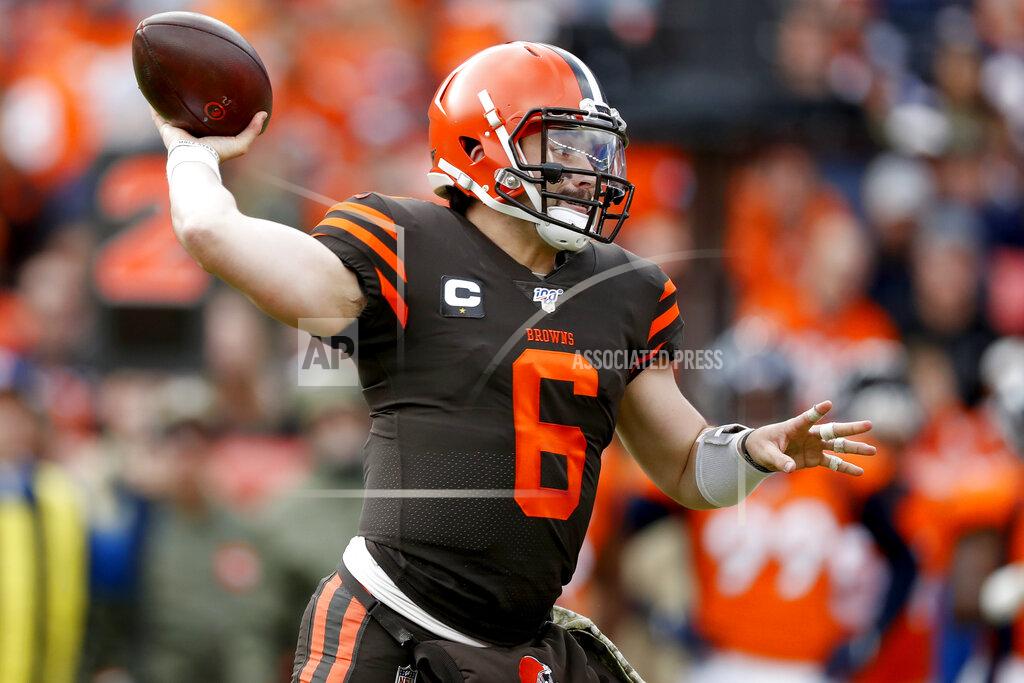 David Zalubowski Cleveland Browns quarterback Baker Mayfield (6) throws against the Denver Broncos during the first half of NFL football game, Sunday, Nov. 3, 2019, in Denver. (AP Photo/David Zalubowski)
