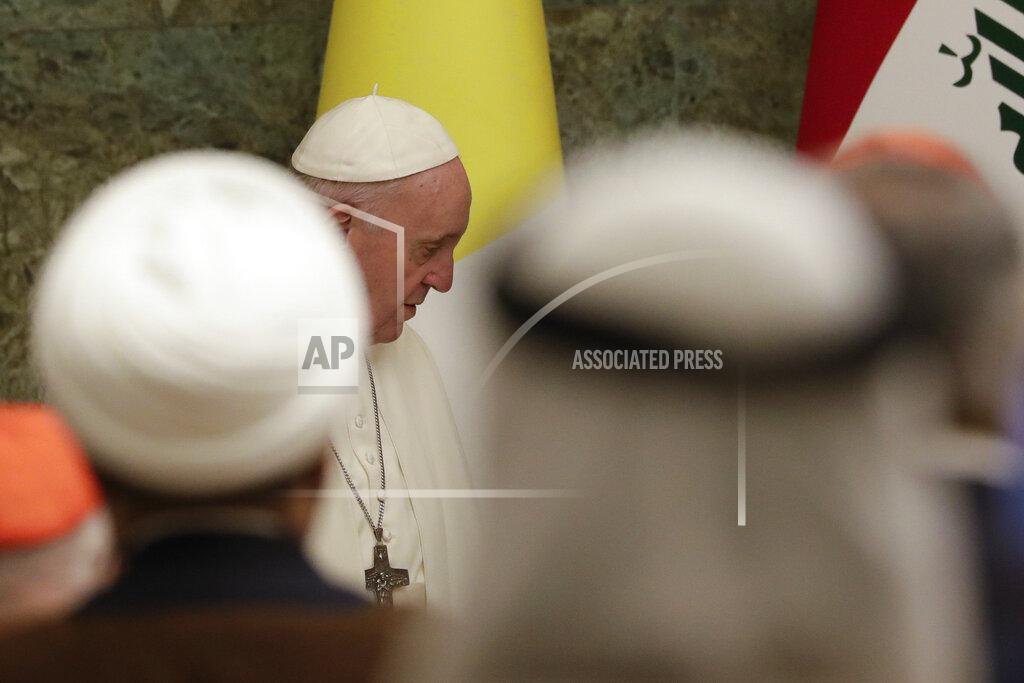 Andrew Medichini Pope Francis meets authorities at Baghdad's Presidential Palace, Iraq, Friday, March 5, 2021. Pope Francis has arrived in Iraq to urge the country's dwindling number of Christians to stay put and help rebuild the country after years of war and persecution, brushing aside the coronavirus pandemic and security concerns. (AP Photo/Andrew Medichini)