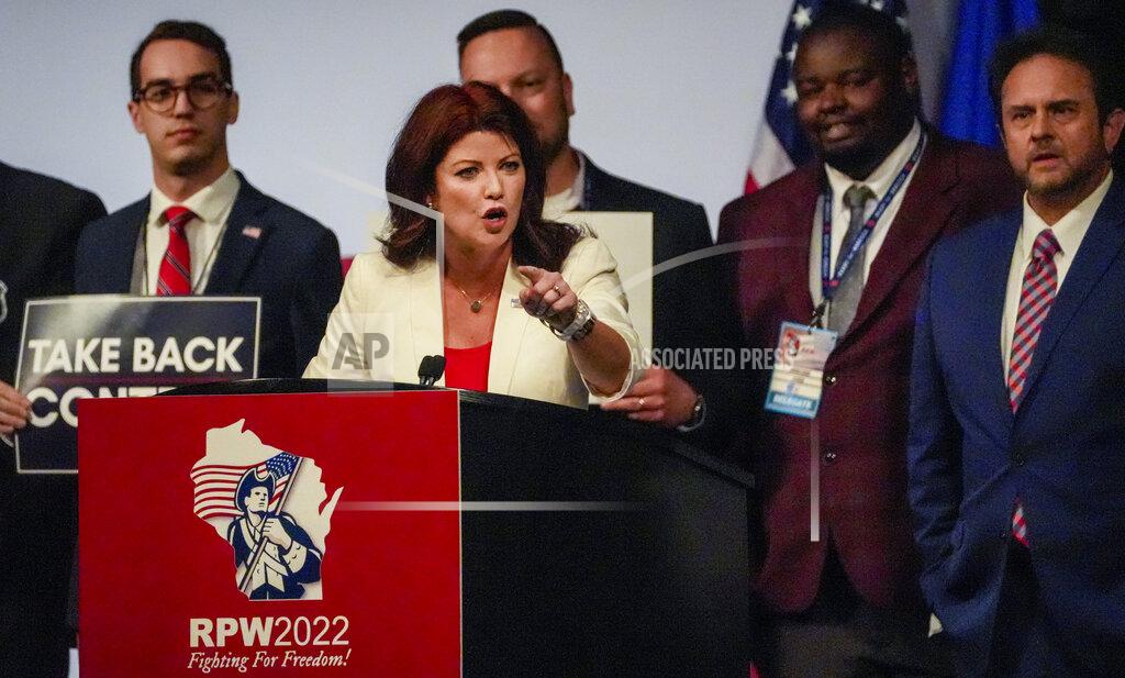 Ebony Cox Gubernatorial candidate and former Lt. Gov. Rebecca Kleefisch addresses the audience during the Republican State Convention in Middleton, Wis., Saturday, May 21, 2022. (Ebony Cox/Milwaukee Journal-Sentinel via AP)