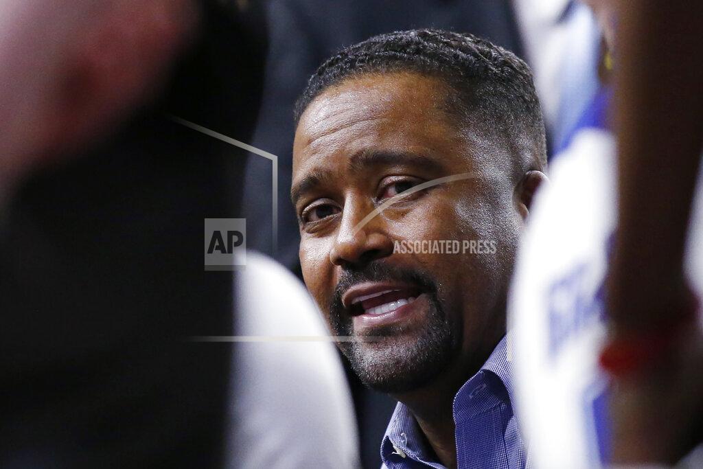 Sue Ogrocki Tulsa coach Frank Haith talks with his team during a timeout in the second half of an NCAA college basketball game against Connecticut in Tulsa, Okla., Thursday, Feb. 6, 2020. (AP Photo/Sue Ogrocki)