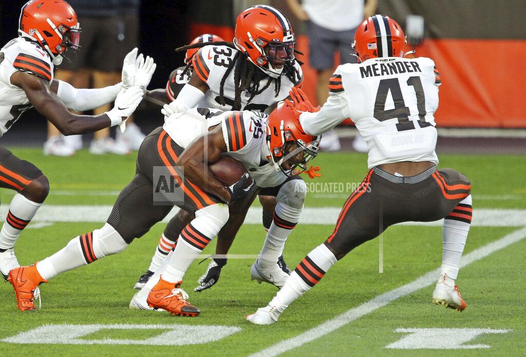 Joshua Gunter Cleveland Browns safety Jovante Moffatt (35) runs after intercepting a pass during the NFL football team's scrimmage Friday, Sept. 4, 2020, in Cleveland. (Joshua Gunter/Cleveland.com via AP)
