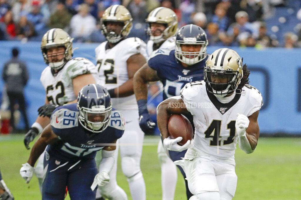 James Kenney New Orleans Saints running back Alvin Kamara (41) runs 40 years for a touchdown against the Tennessee Titans in the second half of an NFL football game Sunday, Dec. 22, 2019, in Nashville, Tenn. (AP Photo/James Kenney)