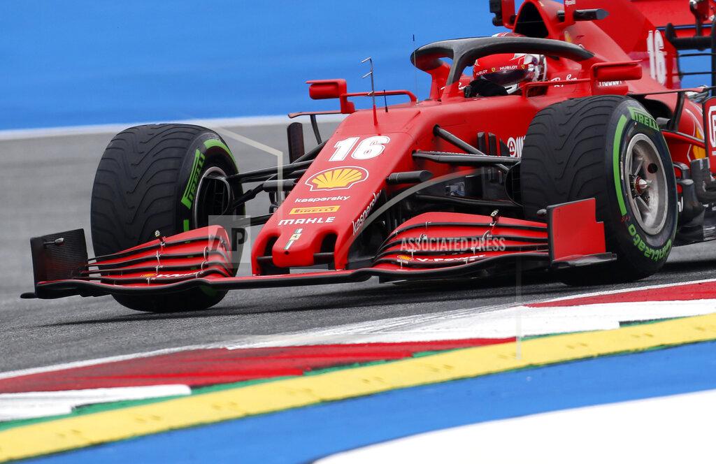 Ferrari driver Charles Leclerc of Monaco steers his car during the first practice session at the Red Bull Ring racetrack in Spielberg, Austria, Friday, July 3, 2020. The Austrian Formula One Grand Prix will be held on Sunday. (AP Photo/Darko Bandic)
