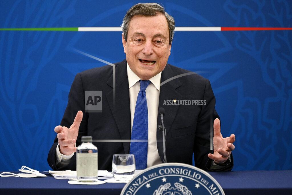 Riccardo Antimiani Mario Draghi speaks during a press conference in Rome Thursday, April 8, 2021. Italian Prime Minister Mario Draghi used strong words against Turkish President Recep Tayyip Erdogan and decried the treatment Ursula von der Leyen got in Ankara as “inappropriate.” (Riccardo Antimiani/Pool Photo via AP)