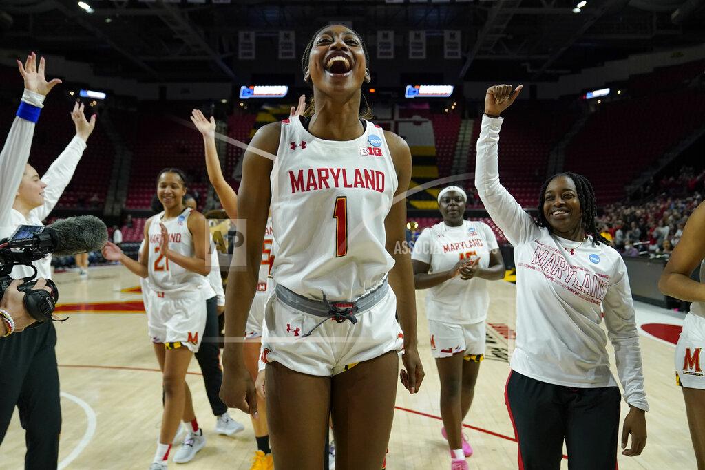 Julio Cortez Maryland guard Diamond Miller (1) and teammates celebrate after defeating Florida Gulf Coast in a college basketball game in the second round of the NCAA tournament, Sunday, March 20, 2022, in College Park, Md. Maryland won 89-65. (AP Photo/Julio Cortez)