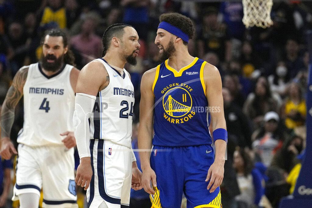 Tony Avelar Golden State Warriors guard Klay Thompson (11) and Memphis Grizzlies forward Dillon Brooks (24) argue with each other during the first half of Game 6 of an NBA basketball Western Conference playoff semifinal in San Francisco, Friday, May 13, 2022. (AP Photo/Tony Avelar)