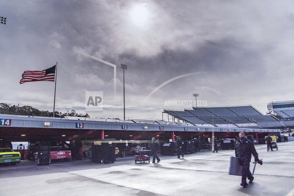 The sun comes out after rain fell prior to a NASCAR Cup Series auto race at Martinsville Speedway in Martinsville, Va., Sunday, Nov. 1, 2020. (AP Photo/Lee Luther Jr.)