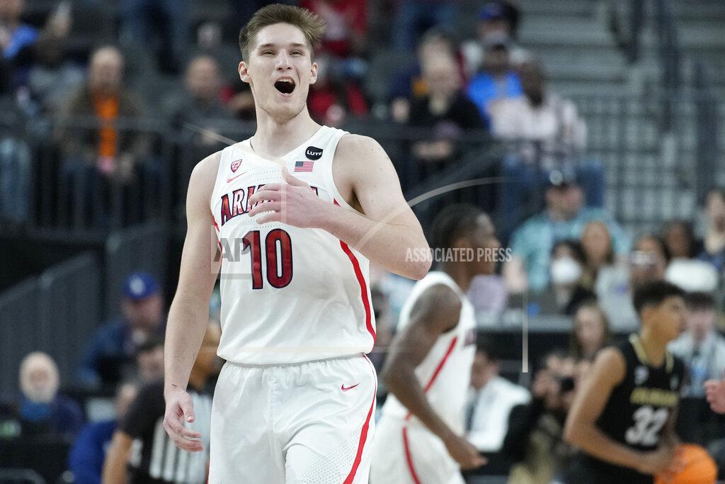 John Locher Arizona's Azuolas Tubelis (10) celebrates after a play against Colorado during the second half of an NCAA college basketball game in the semifinal round of the Pac-12 tournament Friday, March 11, 2022, in Las Vegas. (AP Photo/John Locher)