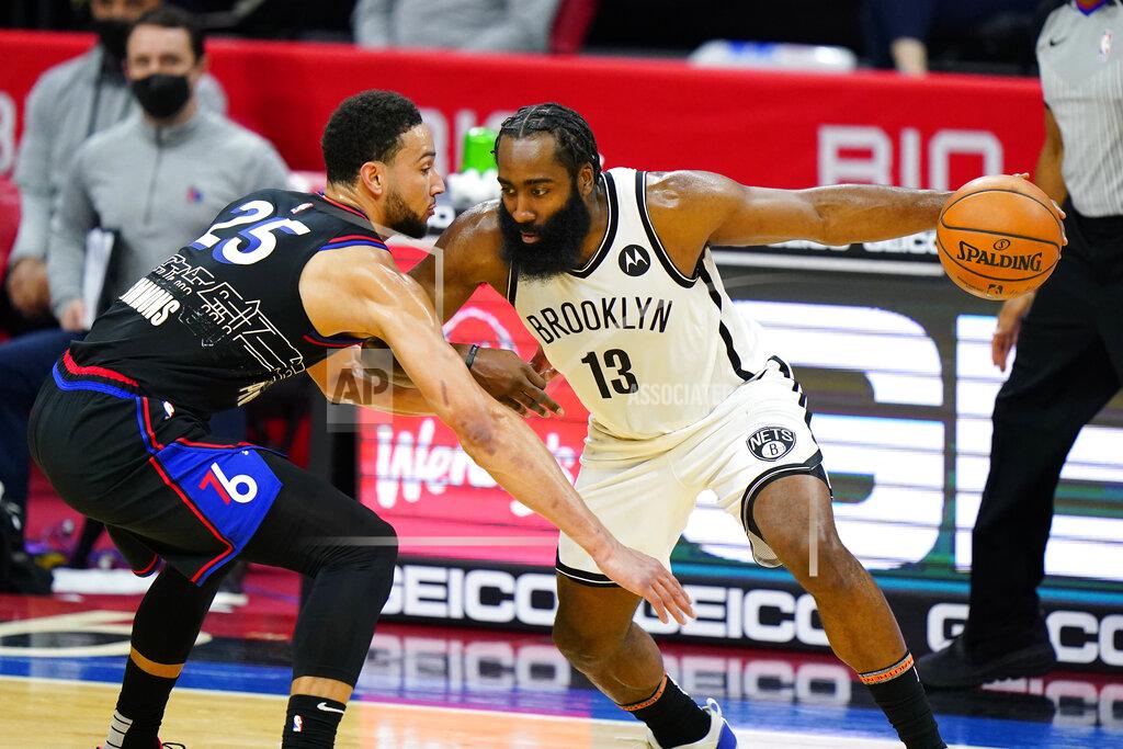 Matt Slocum Brooklyn Nets' James Harden (13) tries to drive past Philadelphia 76ers' Ben Simmons (25) during the second half of an NBA basketball game, Saturday, Feb. 6, 2021, in Philadelphia. (AP Photo/Matt Slocum)