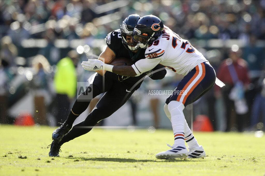 Matt Rourke Philadelphia Eagles' Zach Ertz, left, is tackled by Chicago Bears' Eddie Jackson during the first half of an NFL football game, Sunday, Nov. 3, 2019, in Philadelphia. (AP Photo/Matt Rourke)