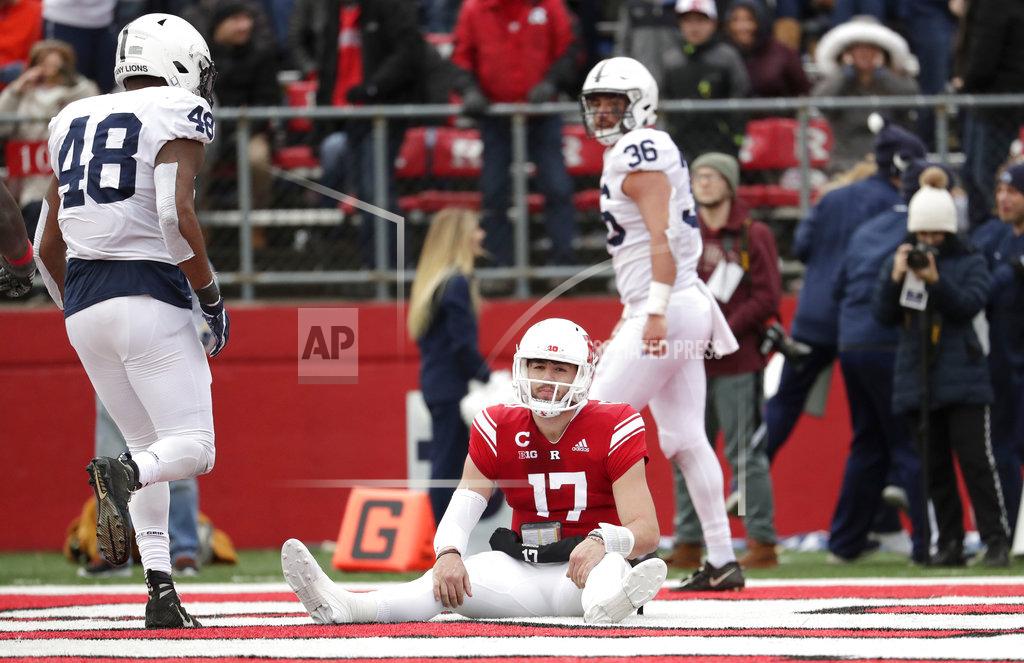 Julio Cortez Rutgers quarterback Giovanni Rescigno (17) sits on the end zone after dropping a pass on a fourth down play against Penn State during the second half of an NCAA college football game, Saturday, Nov. 17, 2018, in Piscataway, N.J. (AP Photo/Julio Cortez)
