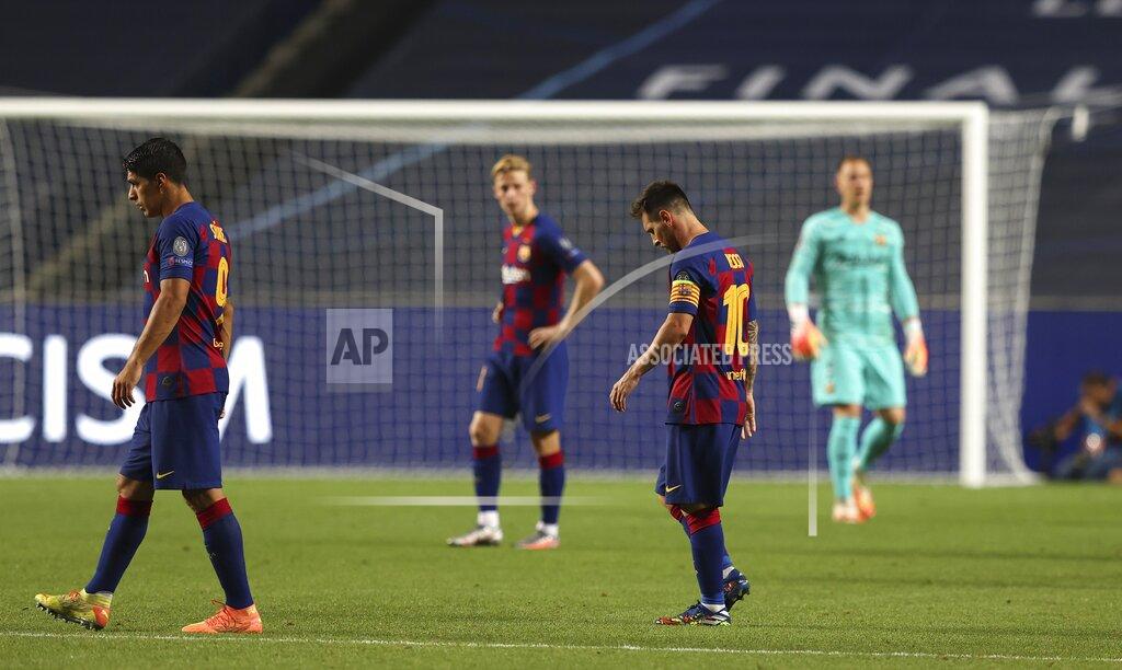 Rafael Marchante Barcelona's Lionel Messi, right, walk onto the pitch for the second half of the Champions League quarterfinal soccer match between Barcelona and Bayern Munich in Lisbon, Portugal, Friday, Aug. 14, 2020. (Rafael Marchante/Pool via AP)