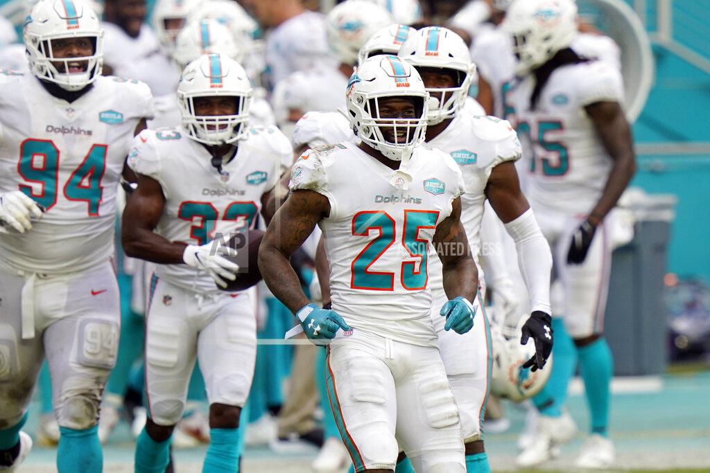 Lynne Sladky FILE - In this Oct. 18, 2020, file photo, Miami Dolphins cornerback Xavien Howard (25) celebrates after intercepting a pass during the first half of an NFL football game against the New York Jets in Miami Gardens, Fla. The Dolphins' run defense makes even Sunday's matchup against the New York Jets potentially problematic. The Jets are 0-10 and lost 24-0 at Miami in Week 6, but they’re averaging a respectable 4.2 yards per carry and are sure to test the Dolphins' weakness.
(AP Photo/Lynne Sladky, File)