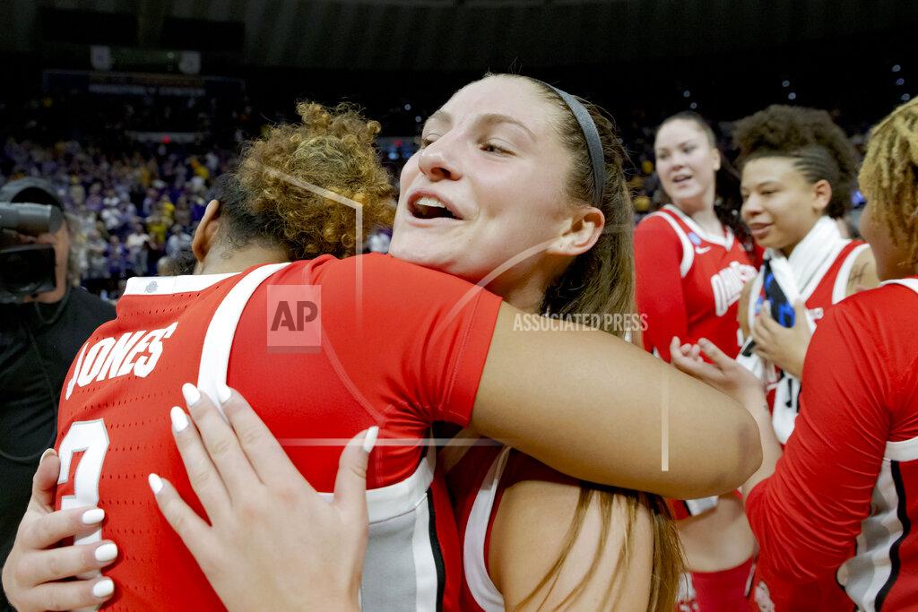 Matthew Hinton Ohio State guard Jacy Sheldon, front right, and guard Anyssa Jones, left, celebrate their victory over LSU in a women's college basketball game in the second round of the NCAA tournament, Monday, March 21, 2022, in Baton Rouge, La. (AP Photo/Matthew Hinton)