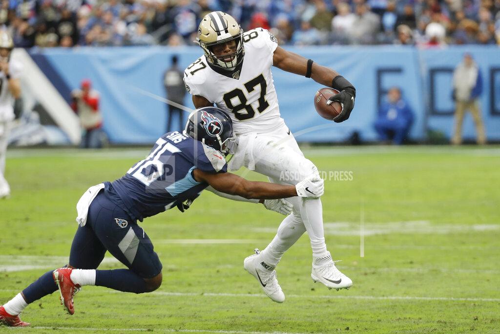 James Kenney New Orleans Saints tight end Jared Cook (87) breaks a tackle by Tennessee Titans cornerback LeShaun Sims (36) as Cook scores a touchdown against the New Orleans Saints in the first half of an NFL football game Sunday, Dec. 22, 2019, in Nashville, Tenn. (AP Photo/James Kenney)