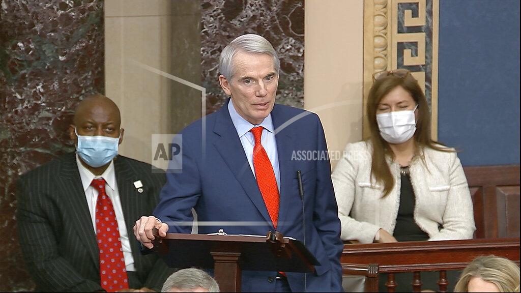 Uncredited In this image from video, Sen. Rob Portman, R-Ohio, speaks as the Senate reconvenes to debate the objection to confirm the Electoral College Vote from Arizona, after protesters stormed into the U.S. Capitol on Wednesday, Jan. 6, 2021. (Senate Television via AP)