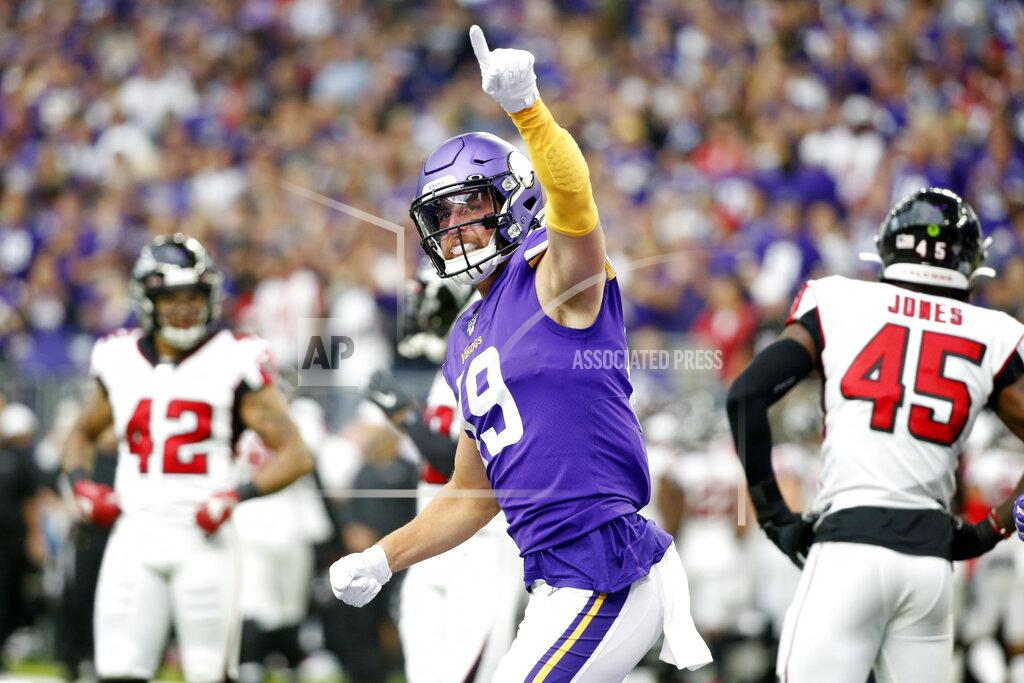 Bruce Kluckhohn Minnesota Vikings wide receiver Adam Thielen celebrates after catching a 23-yard touchdown pass during the first half of an NFL football game against the Atlanta Falcons, Sunday, Sept. 8, 2019, in Minneapolis. (AP Photo/Bruce Kluckhohn)