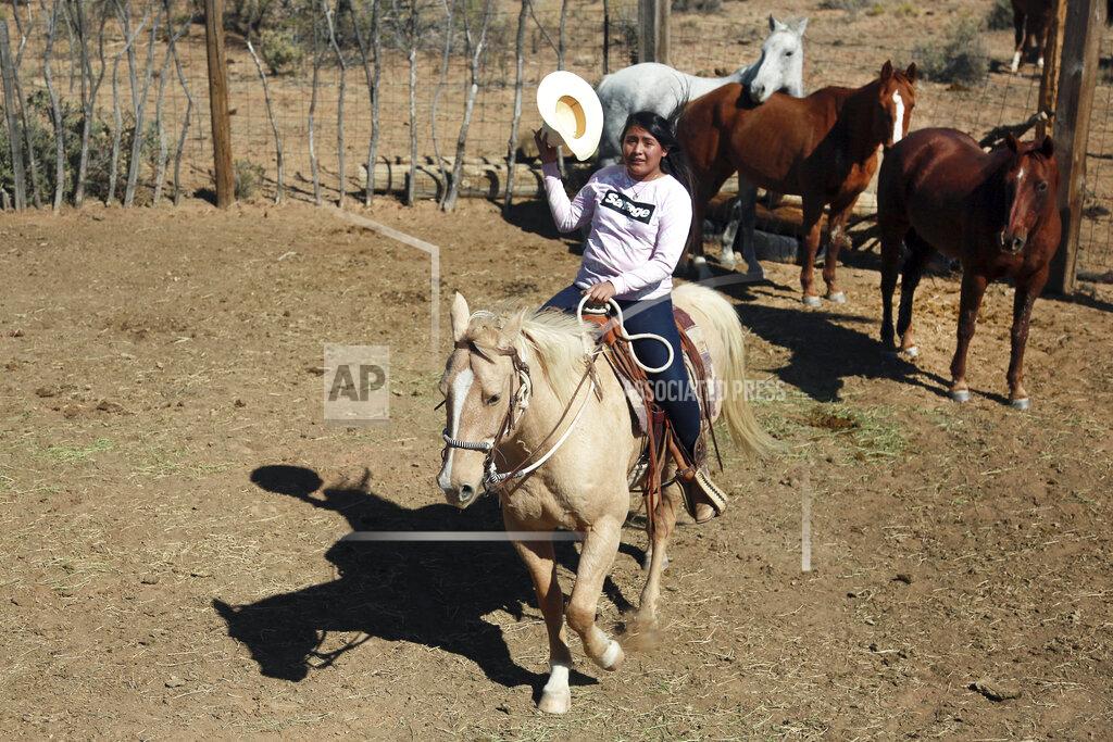 Cedar Attanasio Autumn Wilson, a sophomore at Cuba High School, catches her hat as she rides Gus, a de-stressing outlet for her, in Cuba, N.M., Oct. 27, 2020. Wilson, a shy sophomore whose father died after she started high school last year. Then school shut down. (AP Photo/Cedar Attanasio)