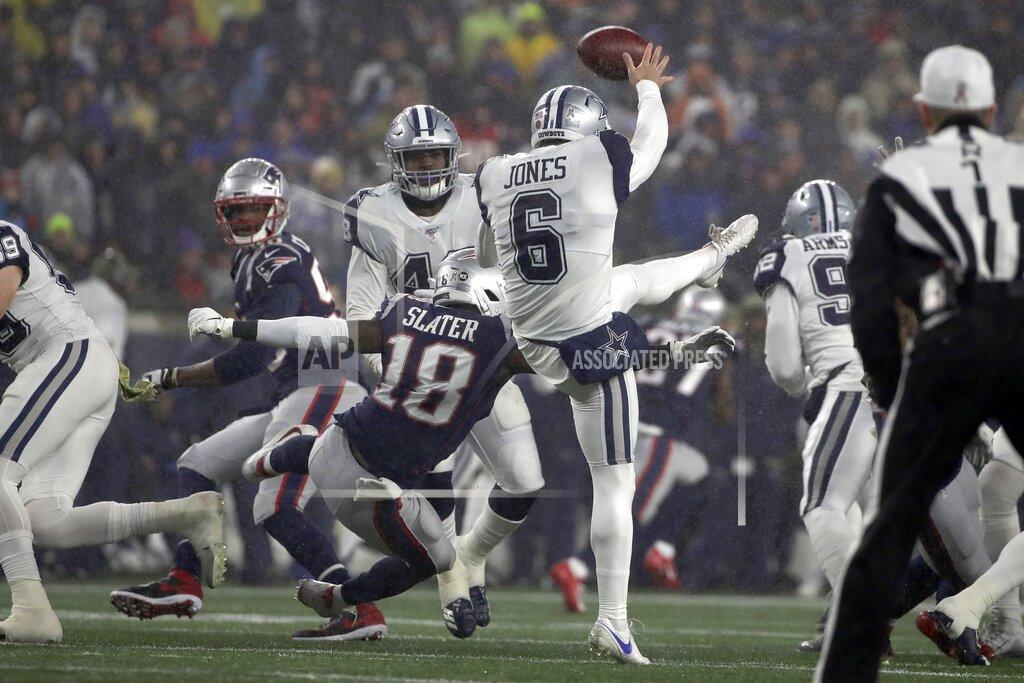 Elise Amendola New England Patriots' Matthew Slater (18) blocks a punt by Dallas Cowboys punter Chris Jones (6) in the first half of an NFL football game, Sunday, Nov. 24, 2019, in Foxborough, Mass. (AP Photo/Elise Amendola)