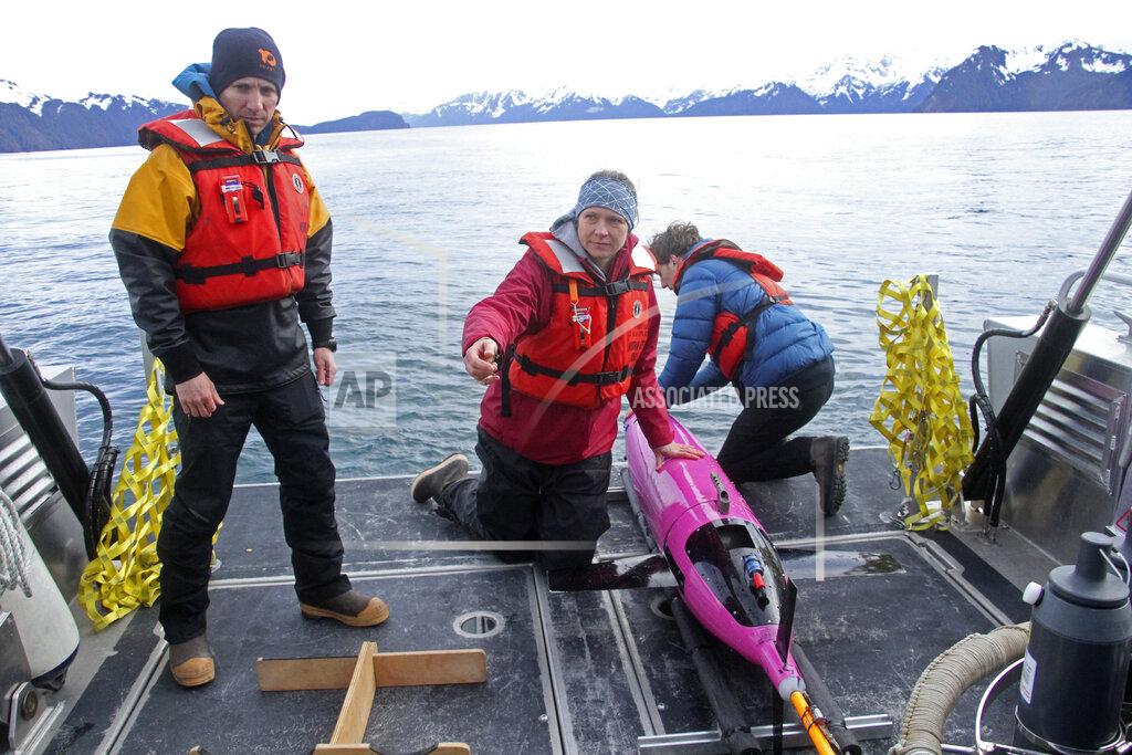 Mark Thiessen This May 4, 2022, photo shows oceanographers Andrew McDonnell, left, and Claudine Hauri, middle, along with engineer Joran Kemme after an underwater glider was pulled aboard the University of Alaska Fairbanks research vessel Nanuq from the Gulf of Alaska. The glider was fitted with special sensors to study ocean acidification. (AP Photo/Mark Thiessen)