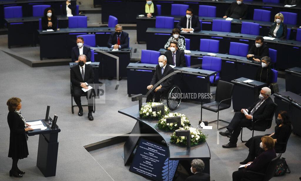 Markus Schreiber Holocaust survivor Charlotte Knobloch, left, delivers a speech at the German Federal Parliament, Bundestag, at the Reichstag building in Berlin, Germany, Wednesday, Jan. 27, 2021 during a special meeting commemorating the victims of the Holocaust on the International Holocaust Remembrance Day. (AP Photo/Markus Schreiber)
