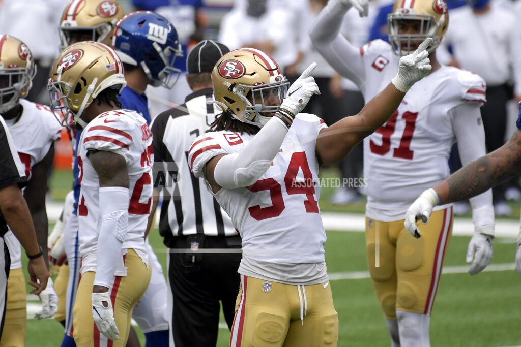 Bill Kostroun San Francisco 49ers' Fred Warner reacts during the second half of an NFL football game against the New York Giants, Sunday, Sept. 27, 2020, in East Rutherford, N.J. (AP Photo/Bill Kostroun)