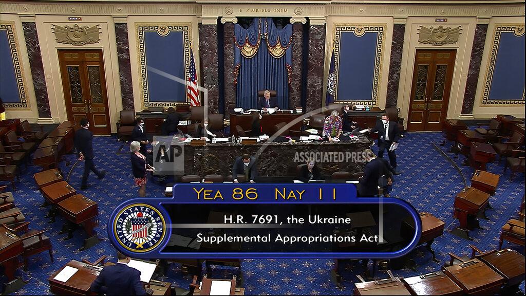 Uncredited This image from Senate Television video shows the final vote of 86-11 as the Senate overwhelmingly approved a $40 billion infusion of military and economic aid for Ukraine and its allies on Thursday, May 19, 2022, in Washington, as both parties rallied behind America's latest, and quite possibly not last, financial salvo against Russia's invasion. (Senate Television via AP)