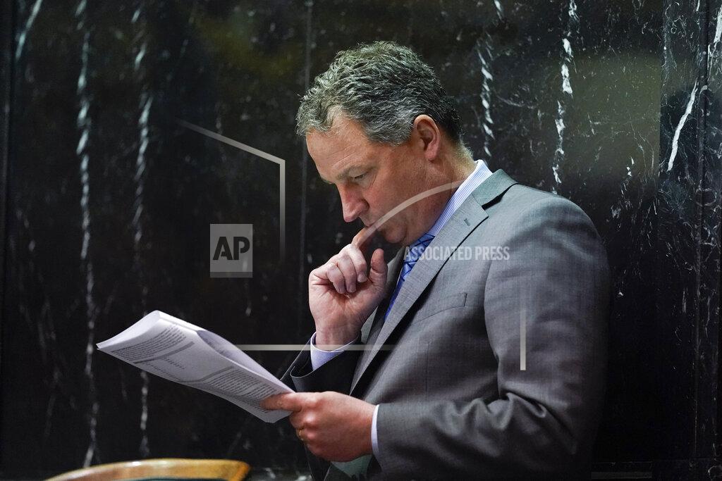 Darron Cummings Indiana House Speaker Todd Huston looks at his notes during a session at the Statehouse, Thursday, April 22, 2021, in Indianapolis. (AP Photo/Darron Cummings)