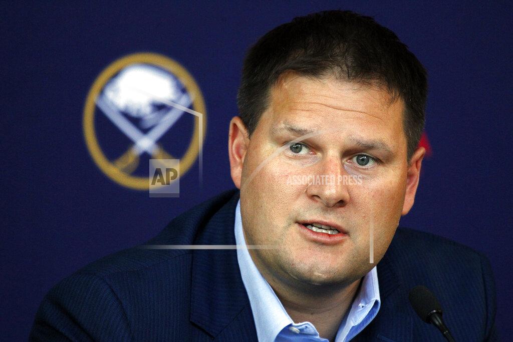 Jeffrey T. Barnes FILE - In this June 25, 2018, file photo, Buffalo Sabres general manager Jason Botterill addresses the media during an NHL news conference in Buffalo N.Y. Buffalo Botterill has ownership’s backing to return for a fourth season despite overseeing a team that extended its playoff drought to a ninth consecutive year, team president and co-owner Kim Pegula told The Associated Press on Tuesday, May 26, 2020. (AP Photo/Jeffrey T. Barnes, File)